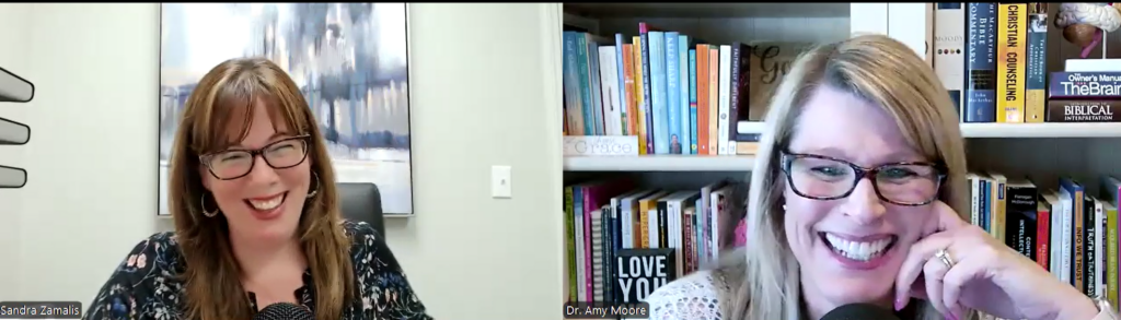 Image of hosts Sandy Zamalis and Dr. Amy Moore laughing during the episode on inattentive ADHD
